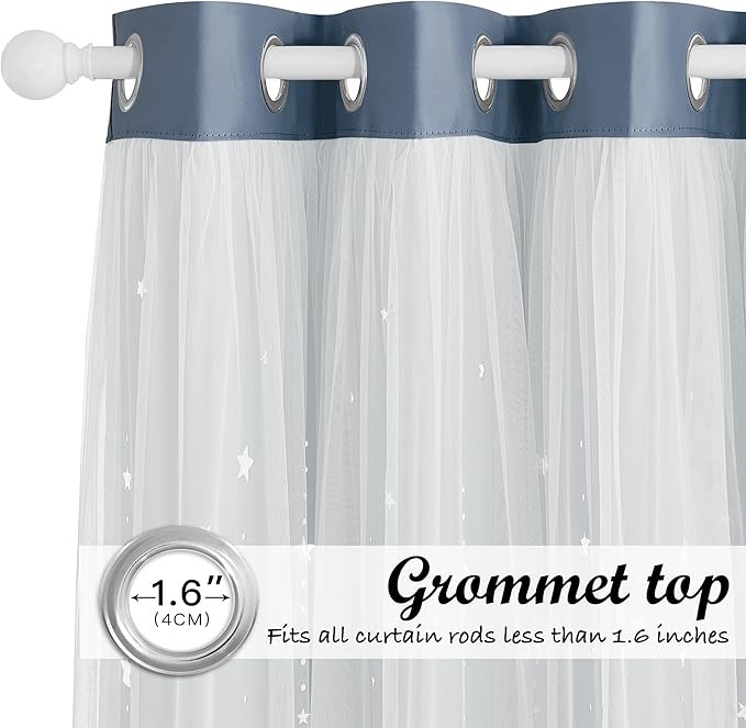 NICETOWN Nursery Curtains for Girls Bedroom Hollow-Out Star Window Curtain 84 inches Length Room Darkening Grommet 2 Layers for Nursery, (Stone Blue, W52 X L63, 2 Panels)