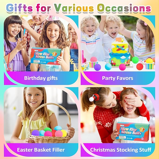 8 Pack Slow Rising Stress Ball,Stress Balls for Kids Adults,Stretchy Fidget Toys for Anxiety Relief,Hand Therapy Sensory Squishy Ball,Squishy Toys,Treasure Prize Box Toys for Kids Classroom