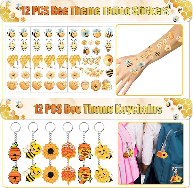 Erweicet Bee Party Favors 72 PCS Cute Bee Slap Bracelets DIY Stickers Honeycomb Temporary Tattoos Keychain Plastic Straws Gift Bags for Bee Day Theme Kids Birthday Party Baby Shower Party Supplies