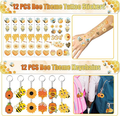 Erweicet Bee Party Favors 72 PCS Cute Bee Slap Bracelets DIY Stickers Honeycomb Temporary Tattoos Keychain Plastic Straws Gift Bags for Bee Day Theme Kids Birthday Party Baby Shower Party Supplies