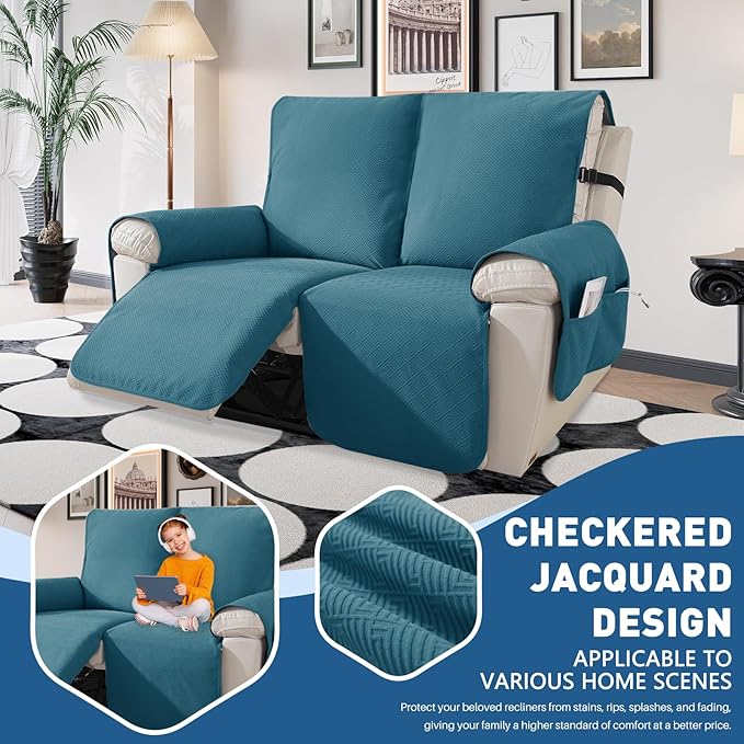 Easehomey Water Resistant Loveseat Recliner Cover Non Slip Sofa Cover for Reclining Sofa 2 Seat, Recliner Couch Cover Furniture Protector for Kids Pets with Elastic Band Pocket(Peacock Blue, 2 Seater)