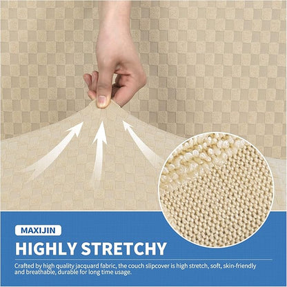 MAXIJIN 4 Piece Jacquard Extra Large Couch Covers for 3 Cushion Couch Super Stretch Non Slip Couch Cover for Dogs Pet Friendly Sofa Slipcover Furniture Protector (Oversized Sofa, Light Beige)