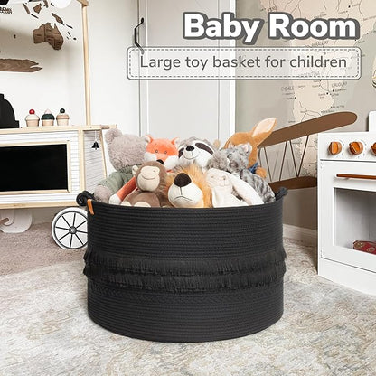 CherryNow 22"x22"x14" Large Blanket Basket, Home Décor for Living Room Bedroom, Boho Decorative Laundry Basket for Clothes, Baby Toy Storage, Black