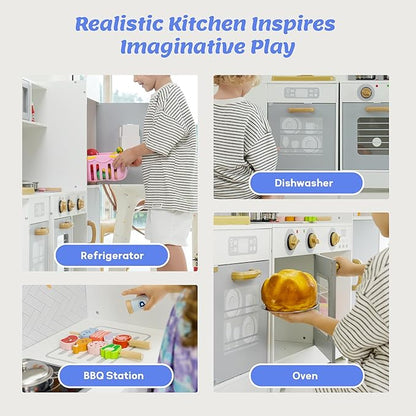 Play Kitchen for Kids, Wooden Play Kitchen with Toy Storage System, 21pcs Accessories Included, Oven Faucet, Microwave, Ice Maker, BBQ, with Lights & Sounds Kitchen Playset Gift for Ages 3+