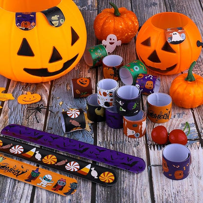 Elcoho 60 Pieces Halloween Designs Snap Bracelets Craft Halloween Party Slap Bracelets Wristbands Toys for Halloween Party Favors