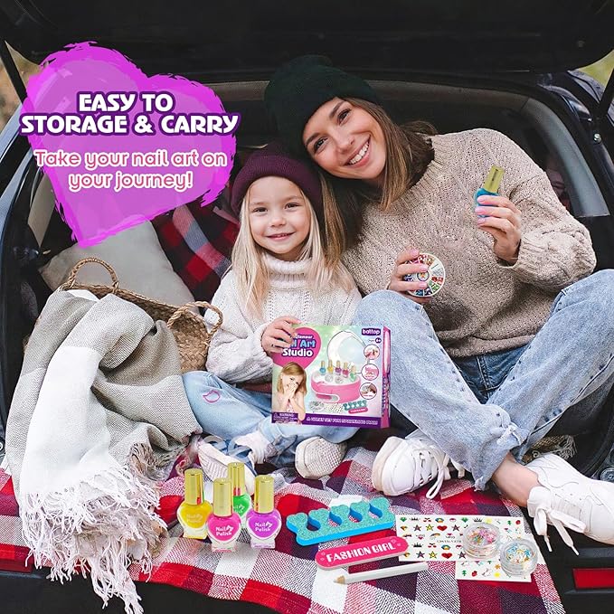 BATTOP Kids Nail Polish Set for Girls, Nail Art Kit for Kids with All-in-One Organizer Nail Dryer, Polish, Stickers, Gems, Filer - Ideas Gift for Girls 6 7 8 9 10 11 12 - Dress-Up Toy