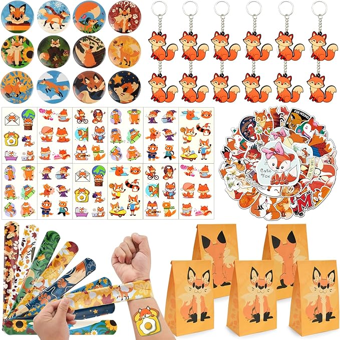 110Pcs Fox Birthday Decorations Fox Party Favors with Slap Bracelets Keychain Temporary Tattoo Stickers Badges Gift Bags for Kids Woodland Baby Shower Jungle Safari Party Supplies