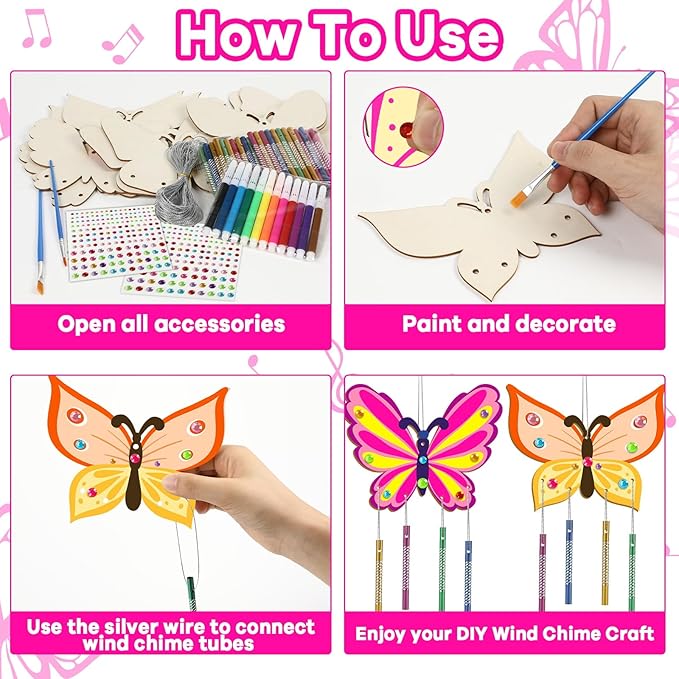 16 Pack Butterfly Wind Chime Kits Butterfly Crafts for Kids Make Your Own Butterfly Wind Chime Wooden DIY Arts and Crafts for Spring Summer Party School Classroom Decorations Supplies Birthday Favors