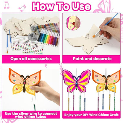 16 Pack Butterfly Wind Chime Kits Butterfly Crafts for Kids Make Your Own Butterfly Wind Chime Wooden DIY Arts and Crafts for Spring Summer Party School Classroom Decorations Supplies Birthday Favors