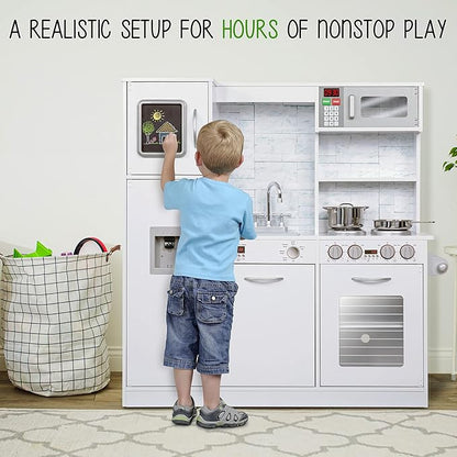 Lil' Jumbl Kids Kitchen Set, Pretend Wooden Play Kitchen, Battery Operated Icemaker & Microwave with Realistic Sound, Pots & Pan Included - White