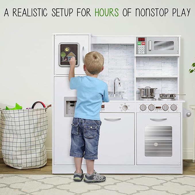 Lil' Jumbl Kids Kitchen Set, Pretend Wooden Play Kitchen, Battery Operated Icemaker & Microwave with Realistic Sound, Pots & Pan Included - White