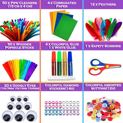 MOISO Kids Crafts and Art Supplies Jar Kit - 560+ Piece Set - Make Bracelets and Necklaces - Plus Glitter Glue, Construction Paper, Colored Popsicle Sticks, Eyes, Pipe Cleaners…