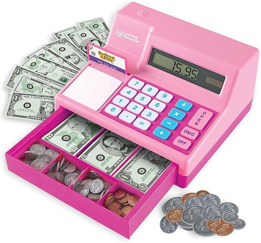 Learning Resources Pretend and Play Calculator Cash Register Pink - Money for Kids, Math Games, Playstore Grocery Store, Fine Motor Skills, Preschool Activities, Toddler Plastic Coins