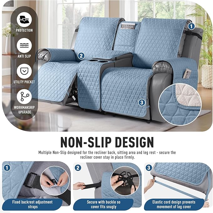 TAOCOCO 100% Waterproof Recliner Cover -Loveseat Recliner Cover with Center Console,Non-Slip Reclining Couch Covers for 2 Seat,with Elastic Straps Pocket for Kids, Dogs(Sky Blue, 2 Seater XL)