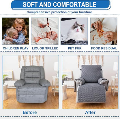 100% Waterproof Nonslip Recliner Covers for Large Recliner, Reclining Chair Covers with 5 Pockets, Elastic Straps, Washable Recliner Protector for Kids, Pets, Dogs, Light Gray
