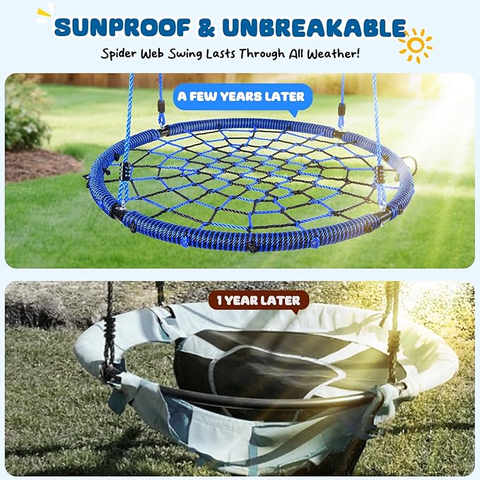 Trekassy 750lbs 40“ Spider Web Saucer Tree Swing for Kids Adults, Outdoor Net Swing with Steel Frame and 2 Hanging Straps-Blue+Black (Patented)