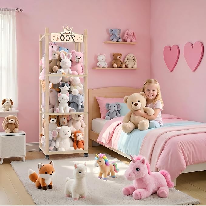 Stuffed Animal Storage Zoo Tower,56In Wooden Large Stuffed Animal Holder Organizer with Wheels,Stuffy Plushies Storage with Elastic Band&Mesh Bottom,Toy Storage Organizers for Playroom Bedroom Nursery