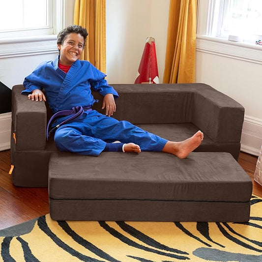 Jaxx Zipline Kids Sofa & Large Ottoman 3 in 1 Fold Out Sofa, Big Kids Edition Chocolate