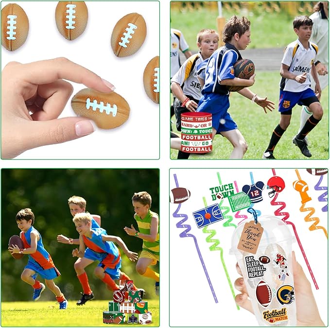 Football Party Favors 170 Pcs Football Birthday Party Decoration With Cups Straws Slap Bracelets Whistles Stress Balls Wristbands Keychains Stamps Stickers Thank you Tags(Football)