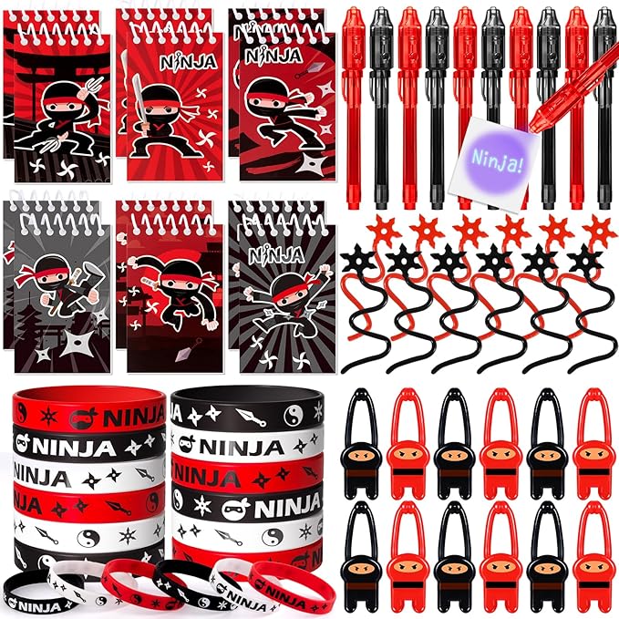 12Set Ninja Party Favors Birthday Supplies for Kids Boys, Ninja Spiral Notepads Invisible Ink Pens Stars Slingshots Stretchy Flying Ninjas Silicone Bracelets Ninja Toys Gifts Ninja Party Supplies