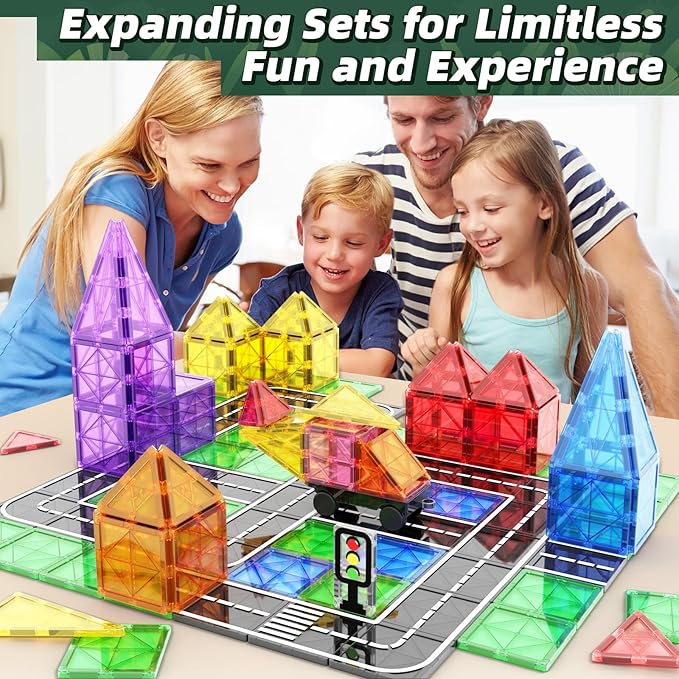 Magnetic Tiles Road Sets with Car Kits -Magnet Building Blocks Montessori Toys for Toddlers | Preschool Educational Sensory Construction Toys for Ages 3 4 5 6 7 Boys and Girls