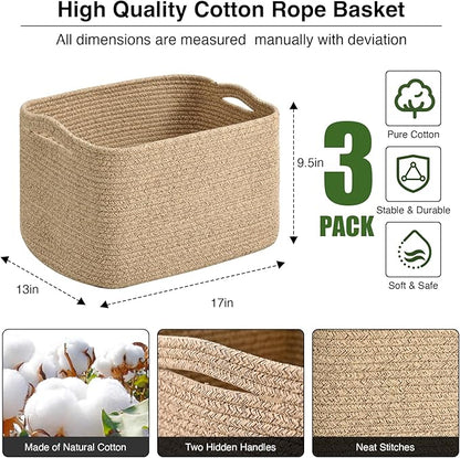 ICERZCZ Large Storage Baskets for Organizing Shelves, Woven Cotton Rope Bins for Baby Nursery Organization, Book Toy Towel Organizer, 17"x13"x9.5", 3 Packs, Brown