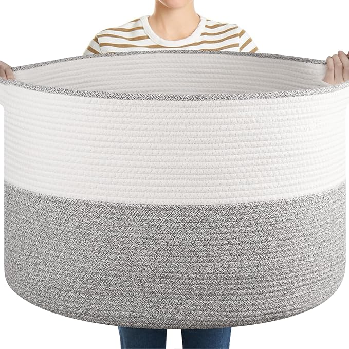 OIASKET XXL Large Blanket Basket with Handles, 105L Woven Storage Basket for Living Room, Cotton Rope Baby Toy Storage for Clothes, Pillows, Towels-Grey & White