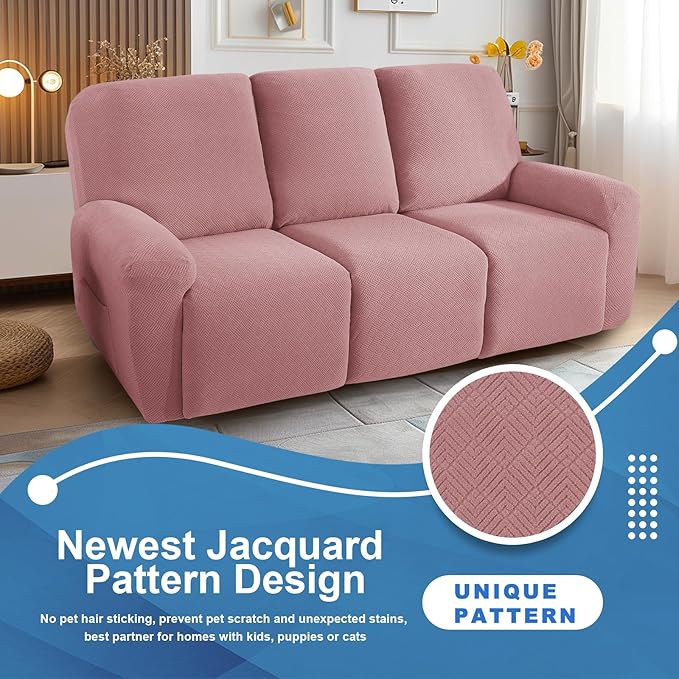 JIVINER 5 Pieces Recliner Sofa Covers Stretch Recliner Sofa Slipcover with Elastic Bottom Jacquard Fitted Reclining 3 Cushion Couch Cover Furniture Protector with Pockets (3 Seater, Dusty Pink)