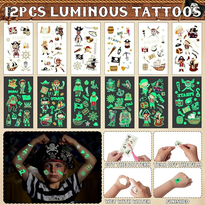 12 Sets Pirate Party Favors Birthday Supplies for Boy Kid, Drawstring Bag Silicone Bracelet Tattoo Sticker Keychain Pirate Pinata Filler Goodie Bag Stuffers Pirate Birthday Favors Party Supplies