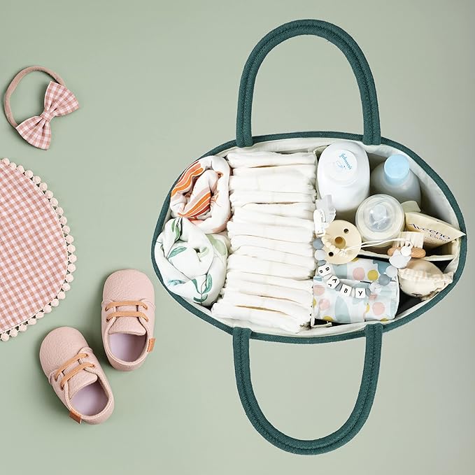 XUANGUO Large Baby Diaper Caddy Organizer for Girl Boy Rope Nursery Storage Bin Basket Portable Holder Tote Bag for Changing Table Car Travel Baby Shower Gifts basket dark green