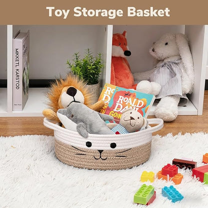 Cute Cat Toy Basket, Gift Baskets Empty for Home Decor, Soft Woven Basket for Living Room, Decorative Storage Baskets for Diaper Caddy, White & Brown, 9.8 x 4 inches