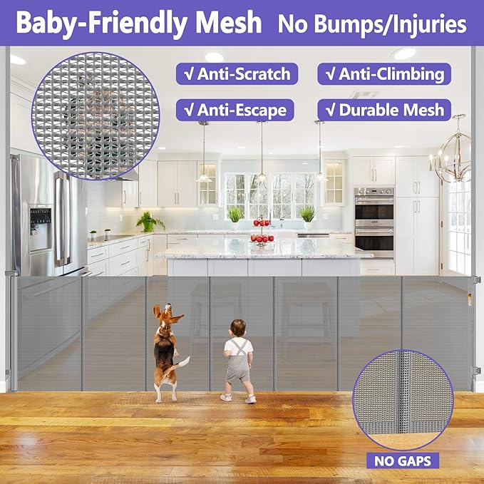 42" Tall X 120" Wide Retractable Baby Gates Extra Wide Dog Gate Keeps Pets from Getting Under Tall Baby Gate, Indoor/Outdoor Pet Gate for Cats, Extra Long Baby Gate Tall Dog Gates for Doorways, Gray
