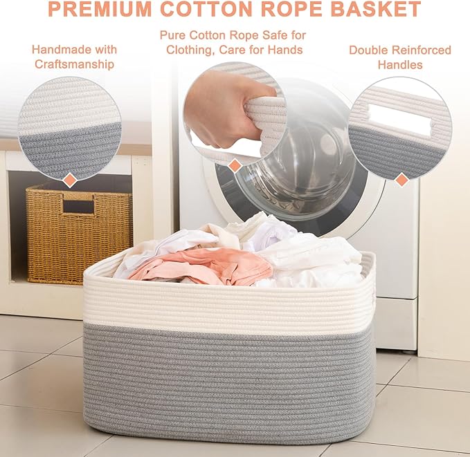 75L Large Cotton Rope Basket, Soft Toy Storage Bin for Nursery & Living Room, Decorative Blanket Basket for Bedroom, Baby-Safe Organizer for Pillows &Laundry, 22''×17''×12'', Grey and White