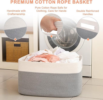 75L Large Cotton Rope Basket, Soft Toy Storage Bin for Nursery & Living Room, Decorative Blanket Basket for Bedroom, Baby-Safe Organizer for Pillows &Laundry, 22''×17''×12'', Grey and White