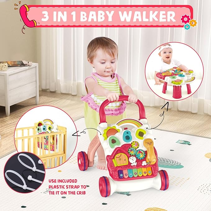 Sit-to-Stand Learning Walker 3 in1 Baby Walker Early Education Activity with Weight Gain Design Sounds Music Phone Multifunctional Removable Play Panel Educational Push Toy Gift for Boys Girls（Pink）