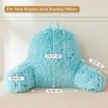 XeGe Faux Fur Reading Pillow Cover (No Filler), Fluffy Back Rest Pillow Case for Bed Sitting Up, Adults Kids Gaming Shaggy Sit Up Back Support Pillow Cover with Arms for Couch Chair Car, Aqua Ombre