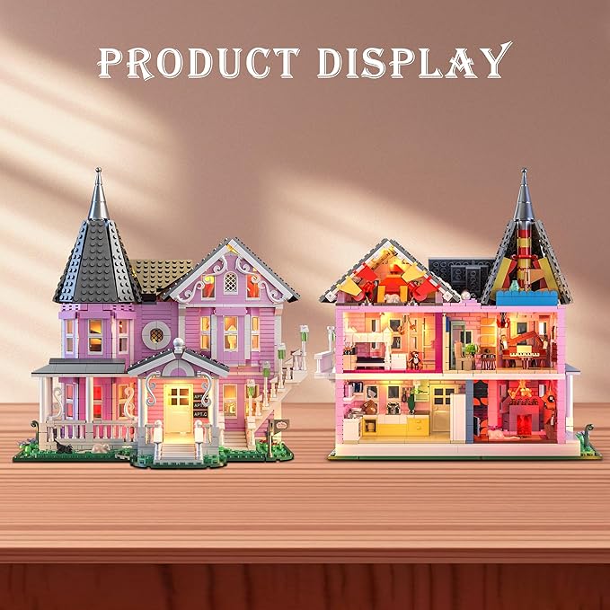 Pink Palace House Building Set with Lights, 1349PCS Halloween Haunted House Blocks Compatible with Lego, Christmas Birthday Gifts for Kids Adults Aged 8+