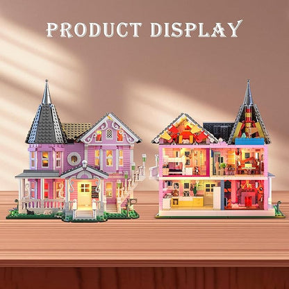 Pink Palace House Building Set with Lights, 1349PCS Halloween Haunted House Blocks Compatible with Lego, Christmas Birthday Gifts for Kids Adults Aged 8+