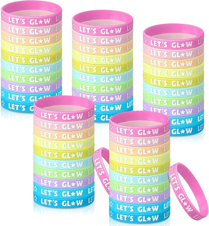 Karenhi 100 Pcs Let's Glow Silicone Bracelet Crazy Bracelet Glow in the Dark Bracelets Light up Wristbands for Neon Party Concerts Sports Parties Night Favors, 10 Styles