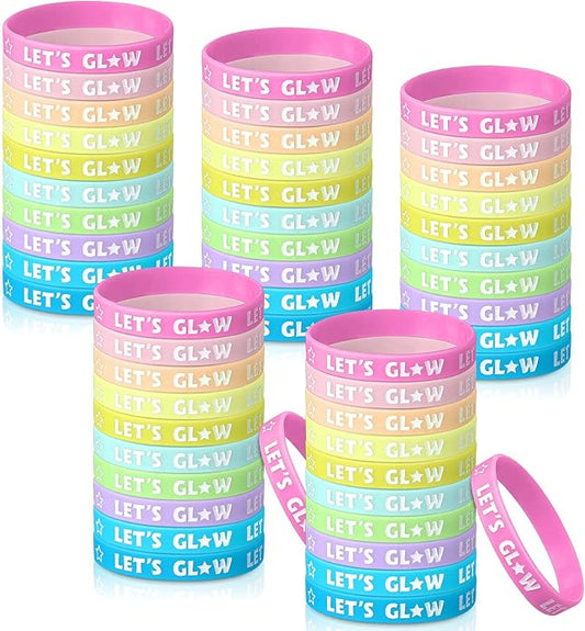 Karenhi 100 Pcs Let's Glow Silicone Bracelet Crazy Bracelet Glow in the Dark Bracelets Light up Wristbands for Neon Party Concerts Sports Parties Night Favors, 10 Styles