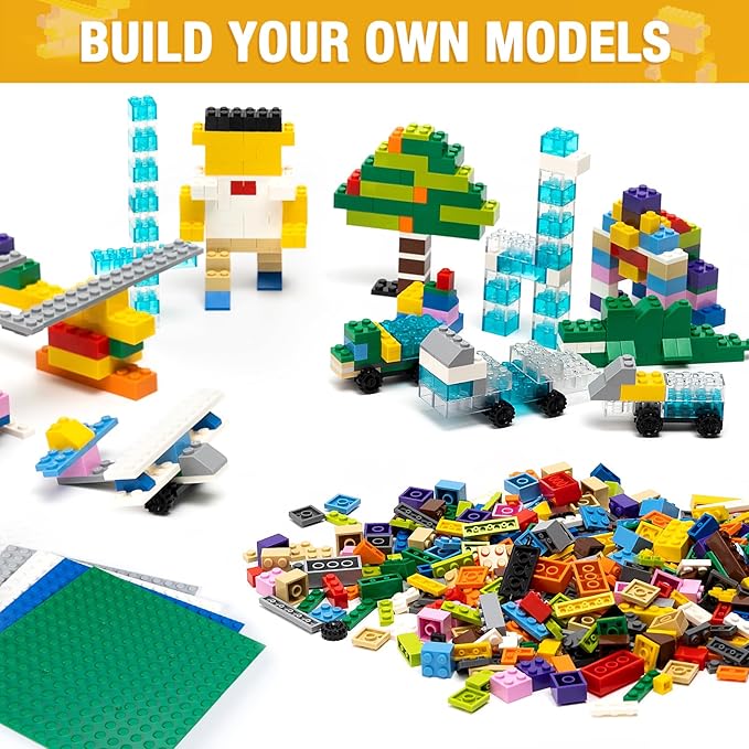MANNIDOO 595 Pieces Building Bricks, Building Bulk Block with 4 Packs 5" x 5" Stackable Plates and 46PCS Wheel Accessory - Compatible with All Major Bricks, Gfits for Kids - 18 Shape/16 Color