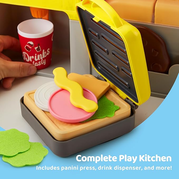 Play Kitchen Food Toy - 40 PCS Toss ‘n Toast Sandwich Making Set with Magic Slicer, Menu Guide and Panini Toy - Interactive Order & Takeout & Checkout Fun for Girls Boys Toddlers