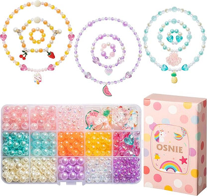 OSNIE Summer Rainbow DIY Bead Jewelry Making Kit for Kids with Watermelon Pineapple Ice Cream Strawberry Peach Cherry Y2K Beads and Charms for Bracelets Rings Necklaces Creativity Art Crafts, 400Pcs+