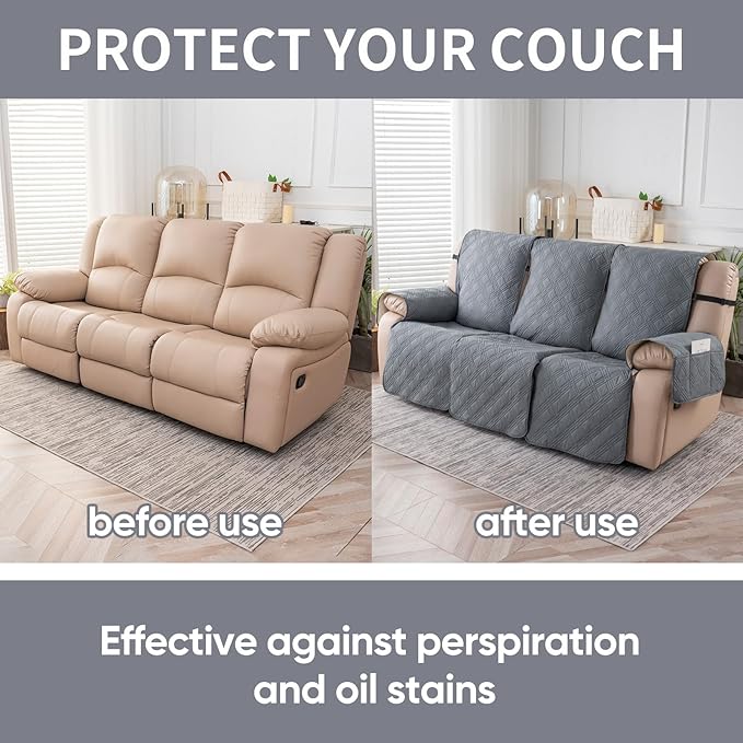 Easehomey Waterproof Recliner Sofa Cover,Non-Slip Reclining Sofa Covers for 3 Seat,Washable Reclining Sofa Cover Furniture Protector with Elastic Straps Pocket for Kids, Pets(Light Gray,3Seat)