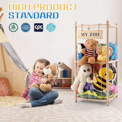 GLDZI Stuffed Animal Storage Zoo, Wooden Stuffed Animal Organizer with Elastic Cords for Boys Girls, Space Saving Toy Plushies Storage Holder for Playroom, Bedroom, Living Room (Burlywood, Small)