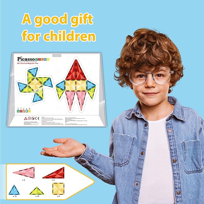 PicassoTiles Magnet Tile Building Blocks Mini Diamond Series Magnetized Toy Travel Size Compact Portable Magnetic Construction Block STEM Sensory Toy Early Education Learning Kids Ages 3+ PTM36