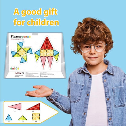 PicassoTiles Magnet Tile Building Blocks Mini Diamond Series Magnetized Toy Travel Size Compact Portable Magnetic Construction Block STEM Sensory Toy Early Education Learning Kids Ages 3+ PTM36