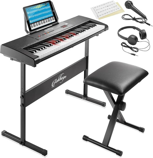 Ashthorpe 61-Key Digital Keyboard Piano with Lighted Keys, Stand, and Bench, Portable Electronic Piano Keyboard Kit with Headphones and Microphone