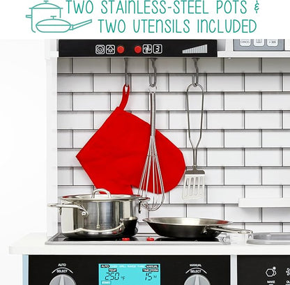 Lil' Jumbl Kids White Small Kitchen Set, Pretend Wooden Play Kitchen, Includes Range Hood, Microwave, Stove Top, Oven That Make Realistic Sound & Light, Pots, Pan, Cutting Board & Utensils Included,