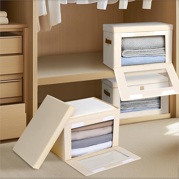 Homsorout Small Fabric Storage bins - Collapsible Storage Bins with Open Window, 3 Pack Closet Baskets for Shelves, Stackable Decorative Boxes for Home, Dorm, Beige, 13.7"x 9.8" x 9.8"